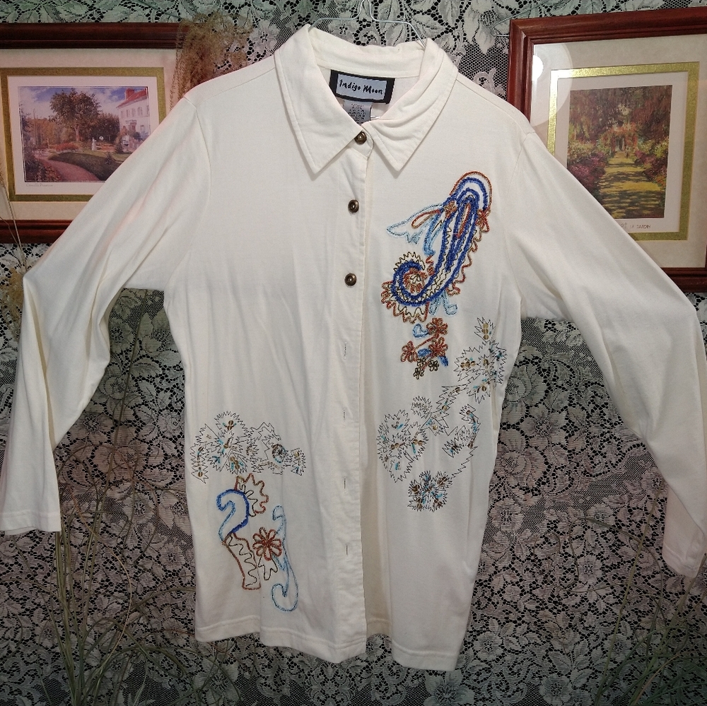 Indigo Moon white shirt long sleeve boho paisley embroidery beaded button down